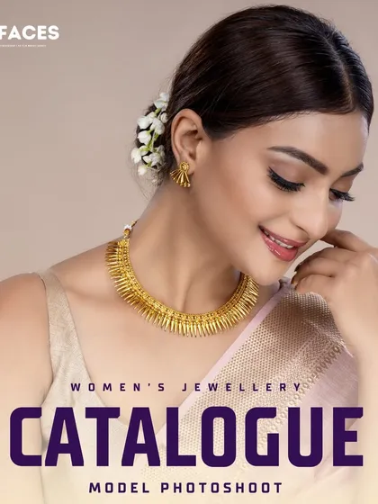 A model displays a classic gold-toned necklace against a simple pink saree. The clean background and elegant pose make this a timeless shot for any jewellery catalogue.
