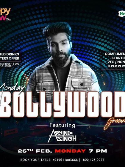 The poster for Monday Bollywood Groove at Happy Brew, a great way to kick off the week with Bollywood beats.