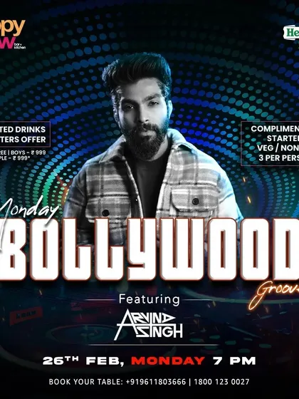 The poster for Monday Bollywood Groove at Happy Brew, a great way to kick off the week with Bollywood beats.