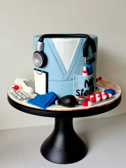 This cake was a tribute to a real-life hero. I wanted to capture the essence of a doctor's life, so I included every detail from the scrubs and stethoscope to the tiny pills and clipboard. It’s an honor to create cakes that celebrate such important professions.