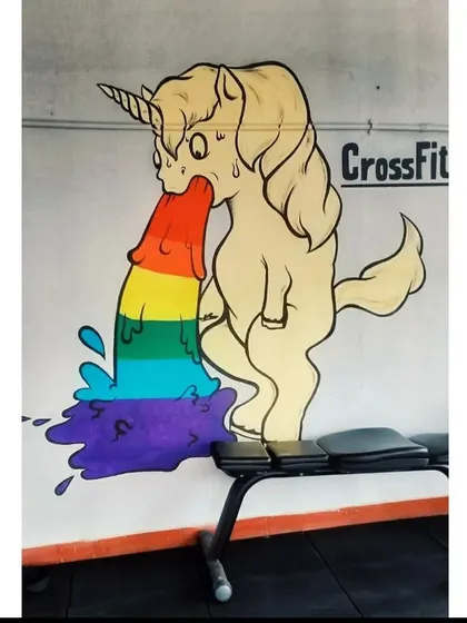 Who says gym art has to be serious? This rainbow-puking unicorn mural for a CrossFit studio is all about pushing limits with a sense of humor, creating a motivational and fun workout environment.