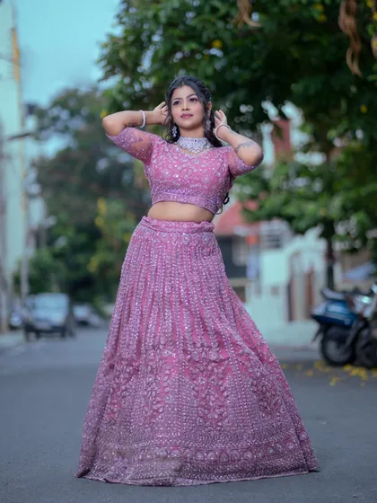 A student's work from Probatch 26, featuring a lovely pink lehenga look for a reception or party.