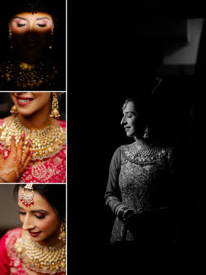 A collection of artistic bridal portraits. We use creative lighting, including dramatic shadows and close-ups, to highlight the bride's jewelry, makeup, and serene expressions.