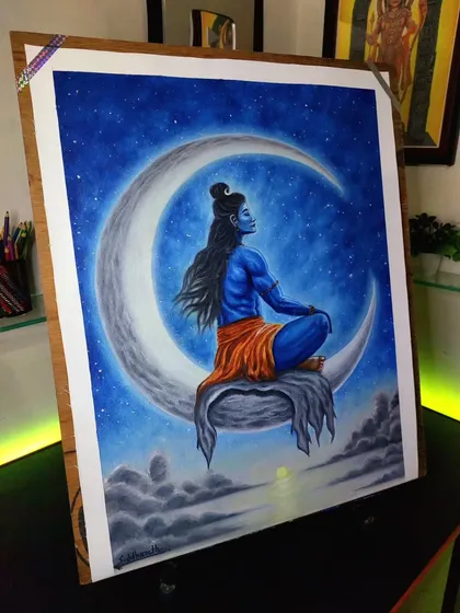 One of my favorite spiritual pieces, this oil painting shows Mahadev meditating on the moon. I used deep blues and contrasting light to create a powerful and serene atmosphere, making it a popular choice for home decor and spiritual spaces.