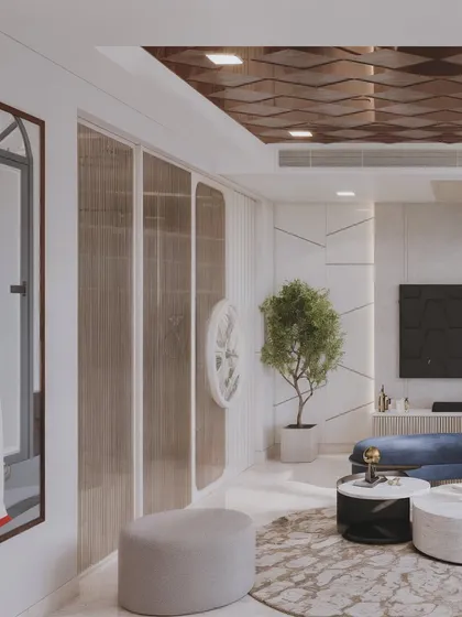 A perspective showing the fluted glass partition and geometric ceiling, emphasizing the rhythmic patterns used throughout the design.