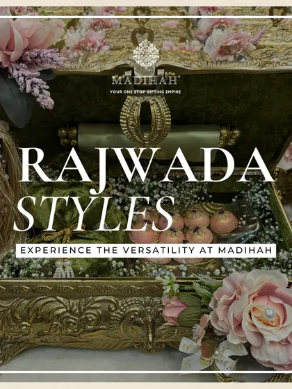 A graphic showcasing the versatility of my Rajwada style boxes for wedding and festive gifting.