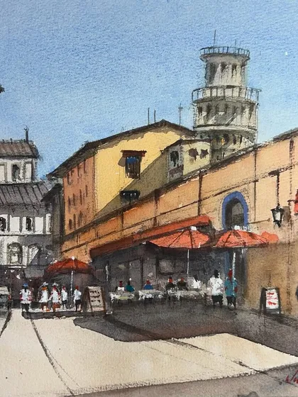 Remembering my solo trip to Pisa. I traveled there in the hot summer and was so fascinated by the city that I did several intensive sketches. This watercolor was created back in my studio from my memories and photos, capturing that warm Italian sun on the historic streets.