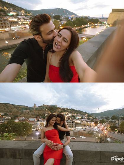 A fun and candid diptych showing a couple's playful moments against the backdrop of Tbilisi, Georgia. I make sure to capture the laughter and joy that define your relationship.