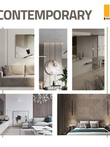 This contemporary mood board is all about clean lines, sophisticated textures, and a harmonious color palette for a look that is minimalist with a touch of luxury.