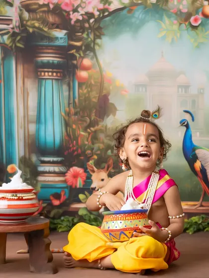 The playful innocence of a child dressed as Lord Krishna, captured in various poses from joyful laughter to thoughtful gazes.