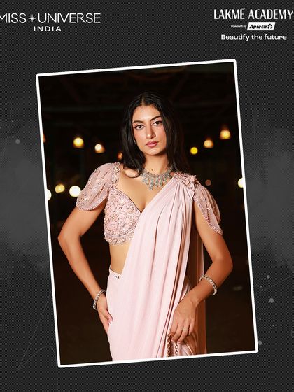 A modern take on traditional wear with a soft pink saree, styled with flawless makeup by our students at the Miss Universe India 2025 Sufi Night.