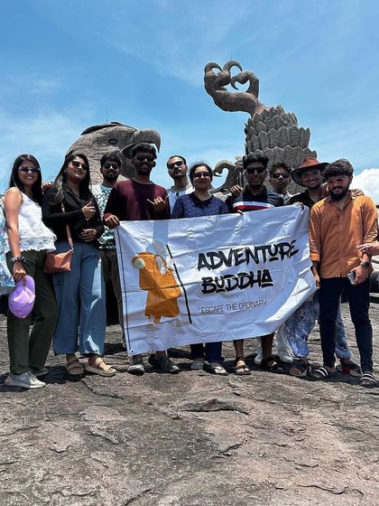 The group at Jatayu Earth's Center, home to the world's largest bird sculpture, a magnificent stop on our Varkala trip.
