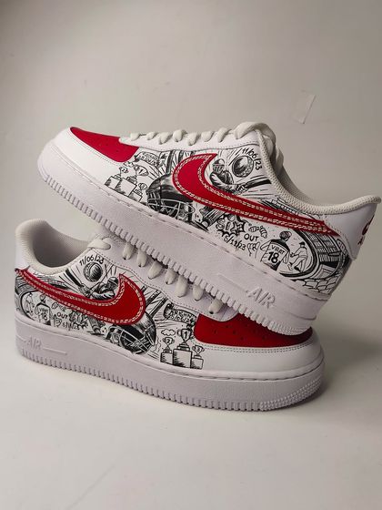 Made for a crazy cricket fan, this Nike Air Force 1 features a doodle-style artwork with multiple elements of the sport. The red swoosh is painted to look like the seam of a cricket ball.