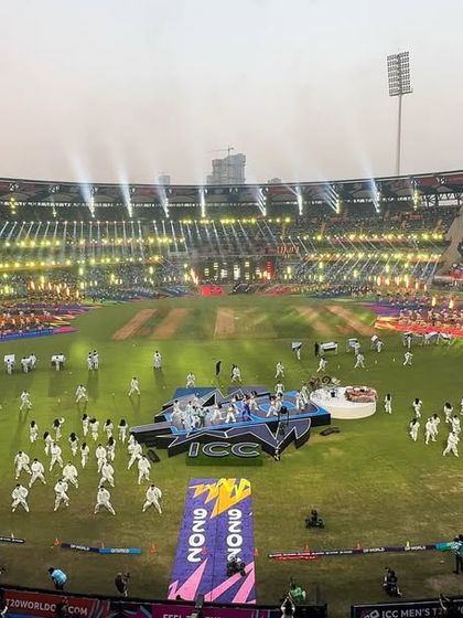 A full-stadium view of the ICC T20 World Cup opening ceremony in Mumbai. This shot captures the scale of our production, involving hundreds of performers, complex staging, and stadium-wide lighting effects.