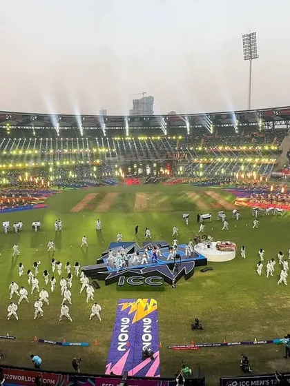 A full-stadium view of the ICC T20 World Cup opening ceremony in Mumbai. This shot captures the scale of our production, involving hundreds of performers, complex staging, and stadium-wide lighting effects.