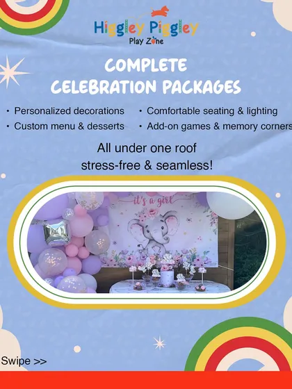 Our complete celebration packages include everything you need. This shows an elegant "It's a Girl" baby shower setup with a beautiful backdrop and table setting.