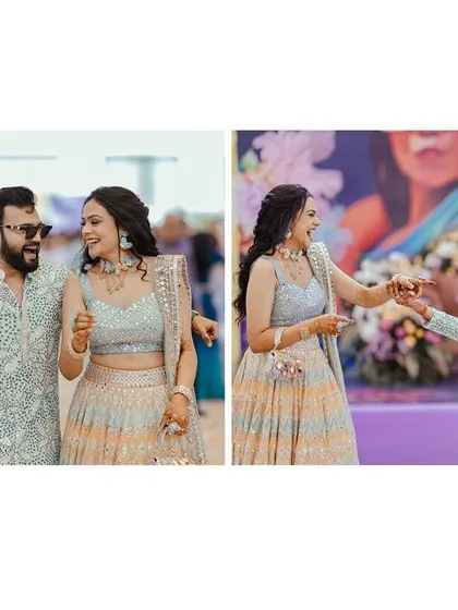 A diptych showing the couple's fun and playful dance moves during their carnival-themed celebration.