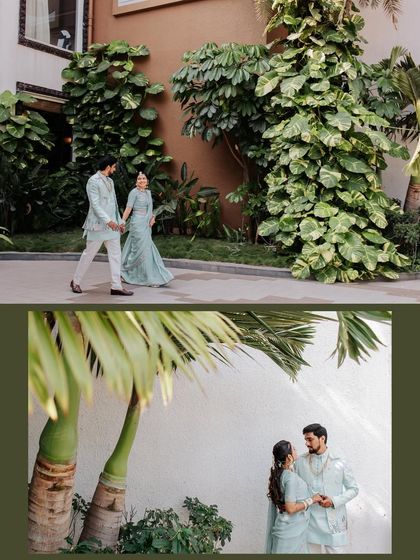 A collage of the couple during their Haldi celebrations, sharing quiet moments together amidst the vibrant greenery of the resort.