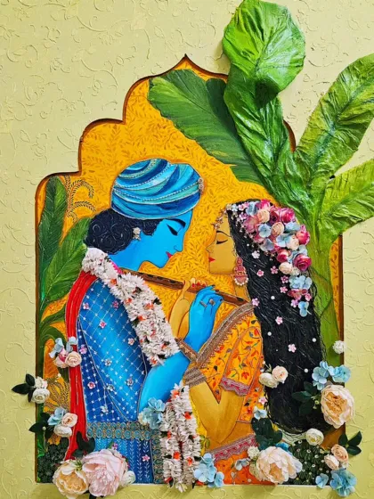 Our "Garden of Love" piece, a mixed-media 3D artwork depicting Radhe Krishna. We combined painting with sculptural elements and delicate handmade flowers to capture a feeling of eternal love and serenity.