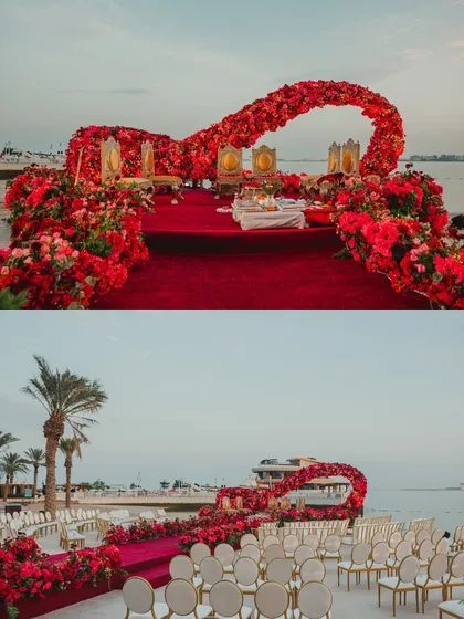 A collage of the infinity-symbol mandap in Doha, showing the aisle, the seating, and the stunning seaside location.