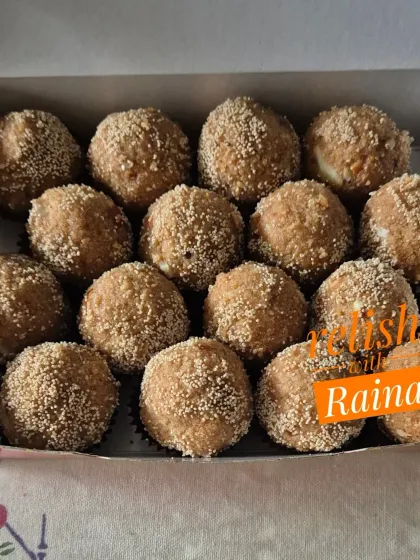 My Rajasthani Choorma Laddoos have a wonderful grainy texture that melts in your mouth. They are made from whole wheat flour, pure ghee, and coated with poppy seeds.