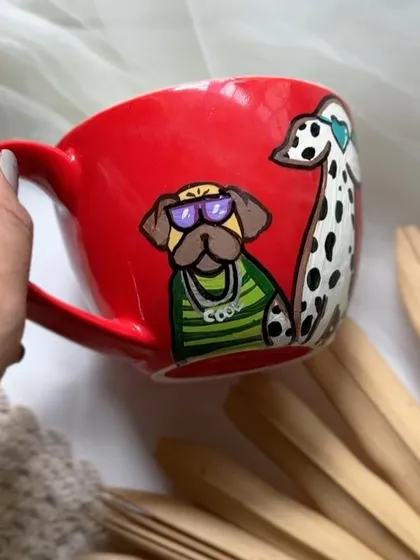 The red 'Cool Crew' mug, featuring the same gang of stylish pets against a bold background.
