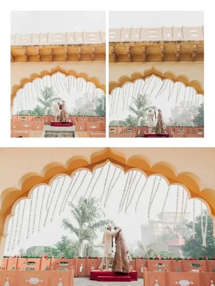 The Varmala ceremony set against the backdrop of a grand palace archway. This collage shows the moment of exchange from different angles, capturing the joy and the magnificent setting.