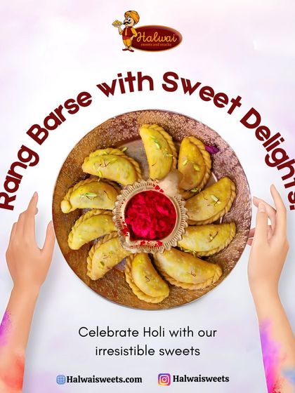 Rang Barse with Sweet Delights! Celebrate Holi with our irresistible Gujiya, a crispy and sweet pastry filled with khoya and dry fruits, perfect for the festival of colors.