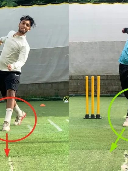 A closer look at the front foot alignment correction. Moving from an open position to an aligned one is one of the first and most important steps in building a solid leg-spin action.