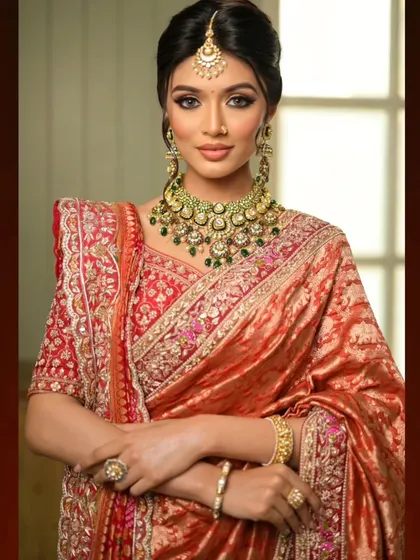 A close-up of the bride's radiant look. The pallu is pleated neatly on the shoulder to display the beautiful border and allow the stunning jewelry to take center stage.