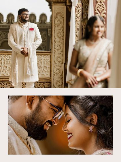 A collage combining a creative portrait of the groom with an intimate, joyful close-up of the couple.