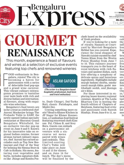 Our Wine Carnival was featured in the Bengaluru Express. The 'Gourmet Renaissance' article highlighted our event as a haven for food and wine lovers in the city.