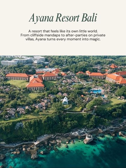 A top Bali venue: Ayana Resort. This resort feels like its own little world, turning every moment into magic, from cliffside mandaps to after-parties in private villas.