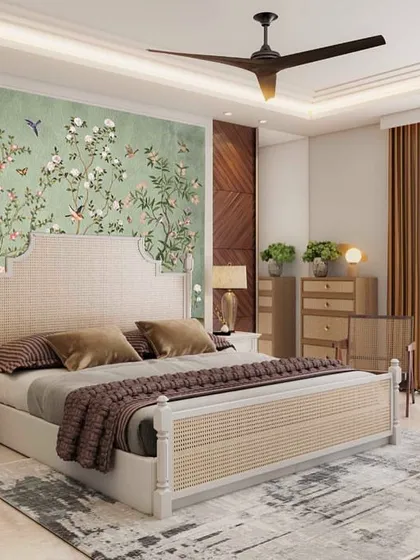 This bedroom showcases a floral mural with birds, designed to create a peaceful and elegant backdrop. The soft green palette and delicate branches bring a sense of nature's calm indoors.