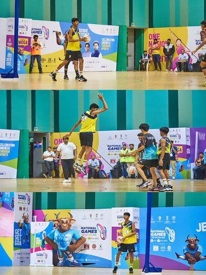 A series of shots featuring the 6'3" goalkeeper Samir Bhosale. This collage emphasizes his commanding presence on the court and his ability to defend the goal against attackers.