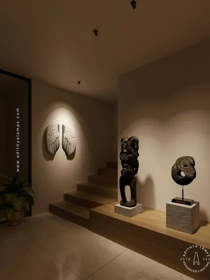 See how our precision spotlights can transform a hallway into a private art gallery. Here, focused beams of light highlight the unique textures and forms of sculptures and wall art, creating dramatic shadows and drawing the eye to each piece. This is accent lighting at its most effective, adding a layer of sophistication and drama.