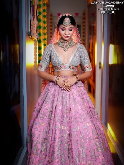 A full-length view of the pastel bridal look, showing how the makeup and outfit create a cohesive and modern aesthetic.