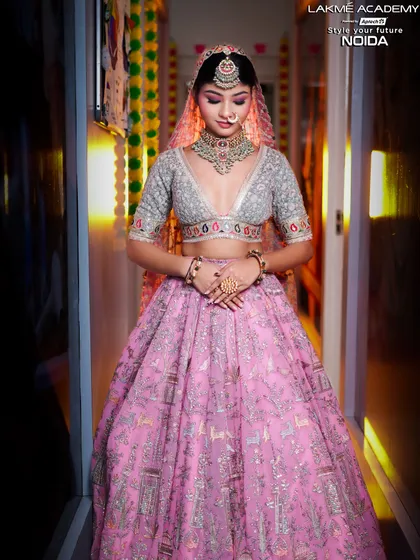 A full-length view of a modern pastel bride. Our training ensures that students can create a complete, harmonious look from head to toe, ready for any wedding event.