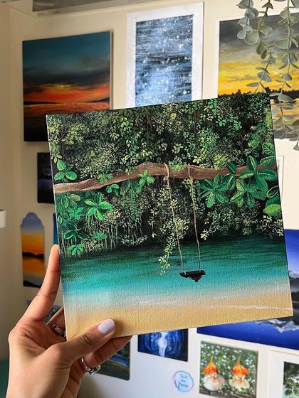The finished painting of a rope swing over the water in Maui, Hawaii. It's a scene that invites you to escape.