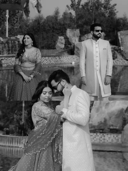 A black-and-white collage capturing tender and stylish moments from a pre-wedding ceremony, showcasing both candid interactions and posed portraits.