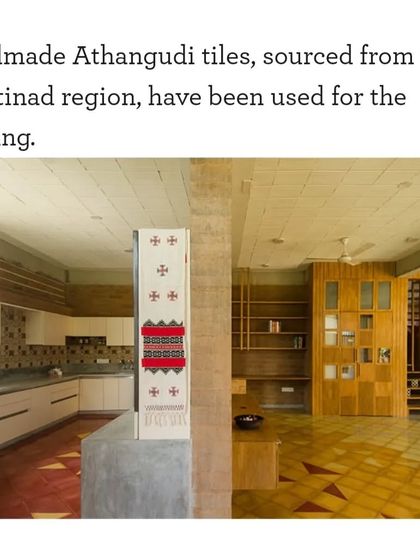 The kitchen and living room walls are made from compressed stabilised earth blocks. The handmade Athangudi floor tiles, sourced from the Chettinad region, add a layer of craft and history to the project.