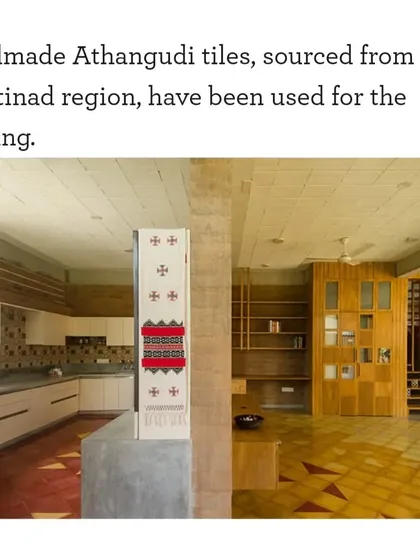 The kitchen and living room walls are made from compressed stabilised earth blocks. The handmade Athangudi floor tiles, sourced from the Chettinad region, add a layer of craft and history to the project.