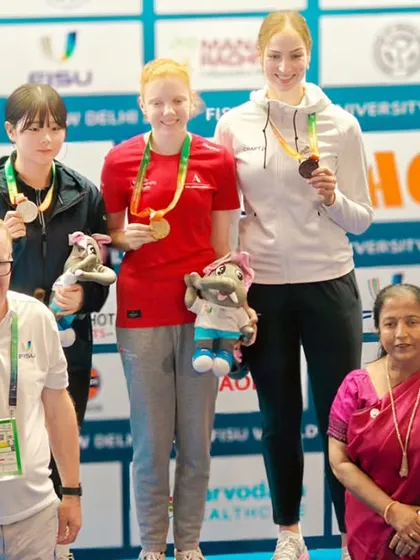 The winners of the 10M Air Rifle Women's event on the podium. We celebrate the achievements of these exceptional athletes from around the globe.
