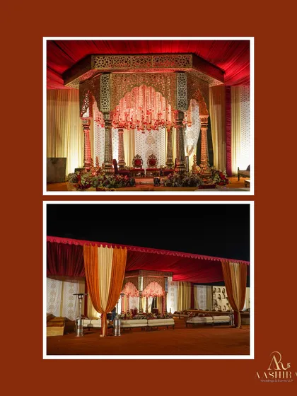A collage showing the grand mandap and the expansive tented area, demonstrating how I tie together the design of the main ceremony space with the overall guest experience.
