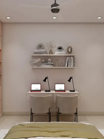 A closer look at the dual-person study area, with simple floating shelves for storage. The design is perfect for a kids' room or a work-from-home couple.