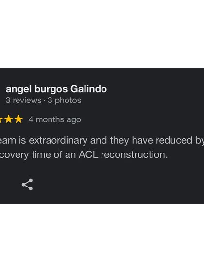 A five-star Google review from our patient Angel, who notes that our "extraordinary" team reduced his ACL reconstruction recovery time by half. Positive feedback like this validates our commitment to effective, efficient care.