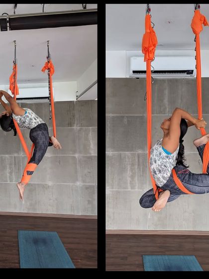 A beautiful aerial variation of Eka Pada Rajakapotasana (One-Legged King Pigeon Pose).