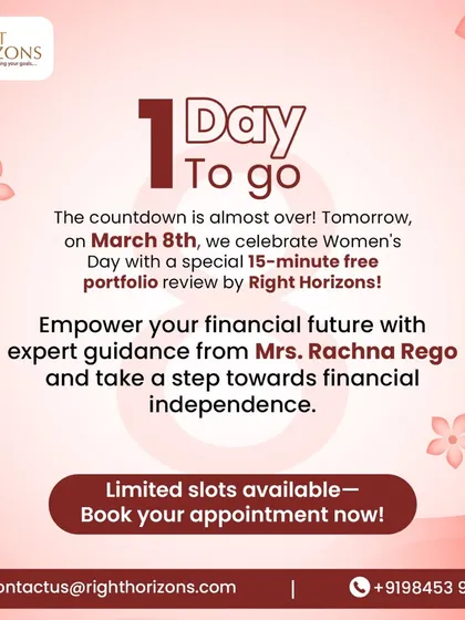 A countdown post for our special Women's Day event. We offered a free 15-minute portfolio review with our expert, Mrs. Rachna Rego, to empower women on their journey toward financial independence.