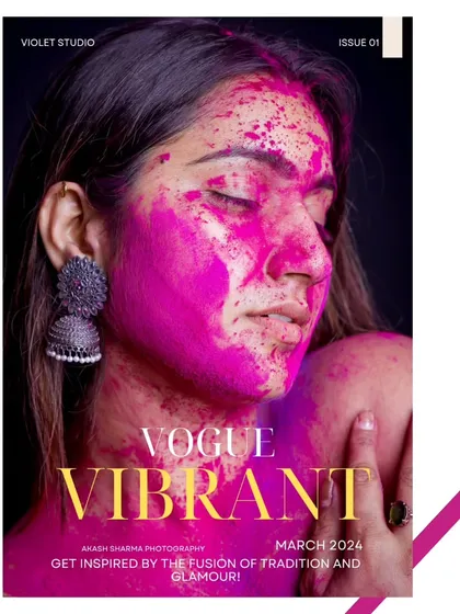 A 'Vogue Vibrant' cover concept for a Holi-themed shoot. The explosive pink powder and the model's serene expression create a beautiful contrast, blending tradition with glamour.