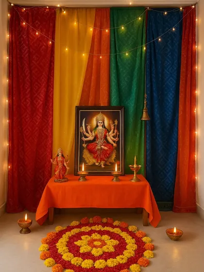 I bring the vibrant spirit of Navratri to your home with thoughtful decor. This setup combines a colorful drape backdrop with string lights, a traditional marigold and rose petal rangoli, and classic brass diyas to create a warm and devotional pooja corner.
